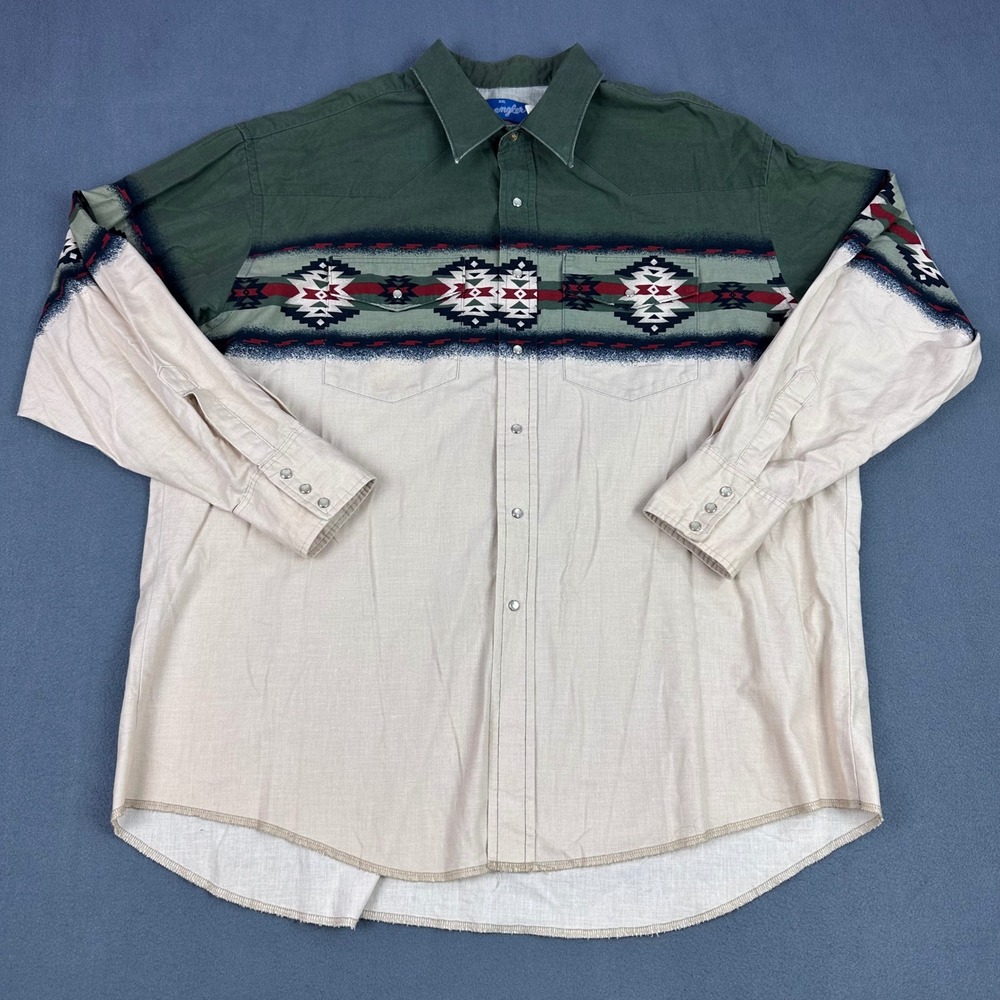 Wrangler Western Shirt Mens XXL Green Cream Tribal Geometric Snap V276-010A